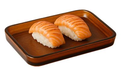 Two pieces of seared salmon nigiri on a tray